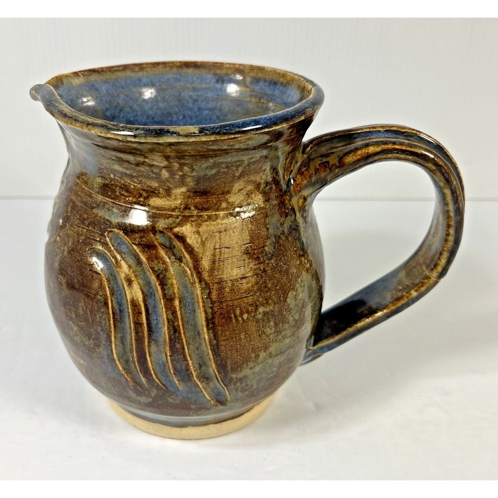 Vintage Jekyll Island Pottery Stoneware Pitcher Signed Brown Blue